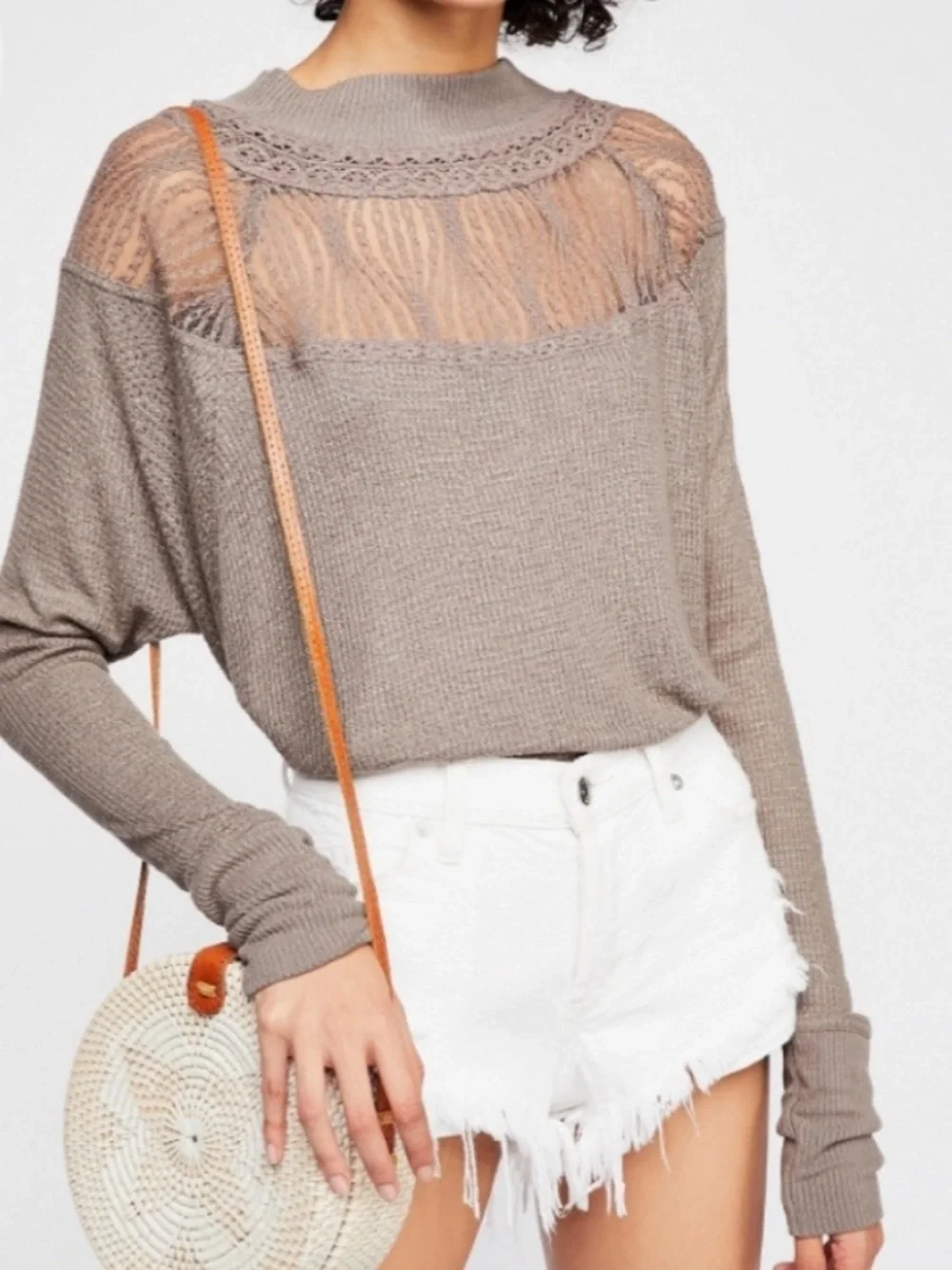 Free People Taupe Lace-Trim Neckline Waffle Knit Long Sleeve Blouse - Size XS